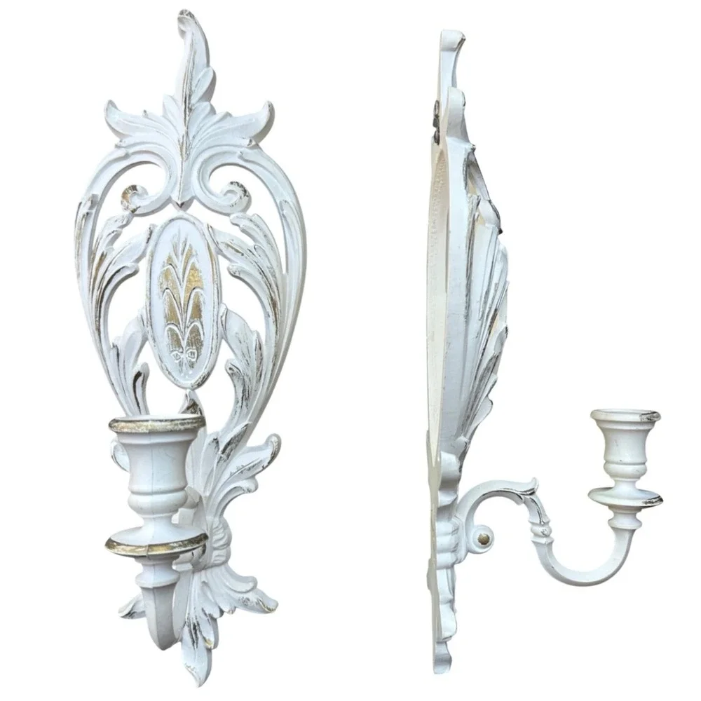 Vintage Syroco Style White Gold Ornate Scroll Wall Sconce Candle Holder Set of 2